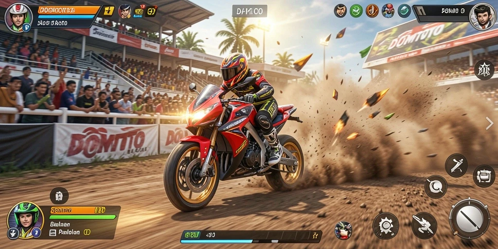 Screenshot DOMTOTO menampilkan aksi balapan motor yang intens dan mendebarkan.