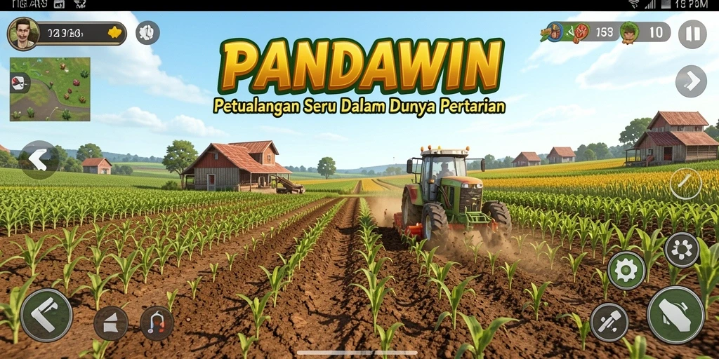 Screenshot gameplay PANDAWIN yang menampilkan aktivitas bertani.