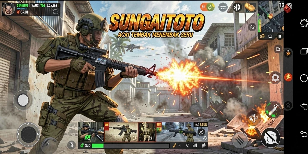 Tangkapan layar SUNGAITOTO menampilkan aksi tembak menembak yang intens.